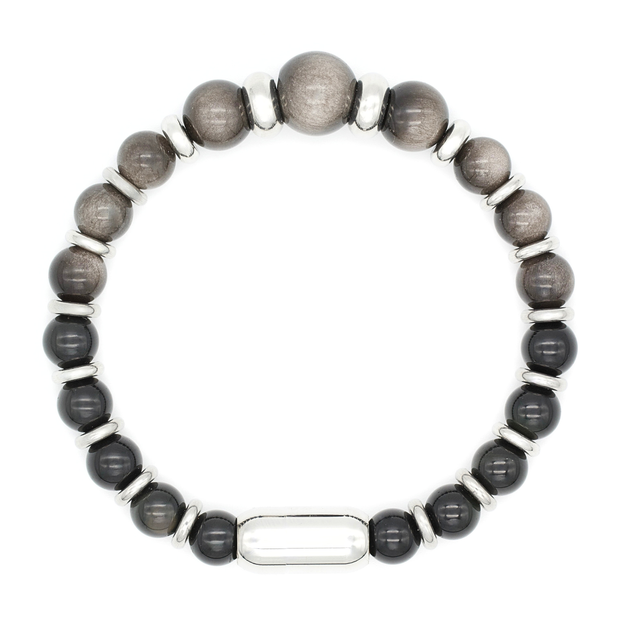 Men's obsidian bracelet with silver sheen beads – angled perspective
