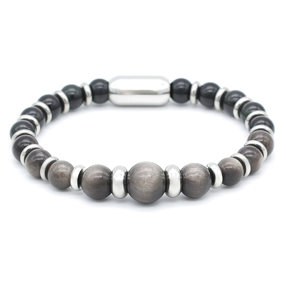 Silver and black obsidian bracelet with magnetic clasp – front view