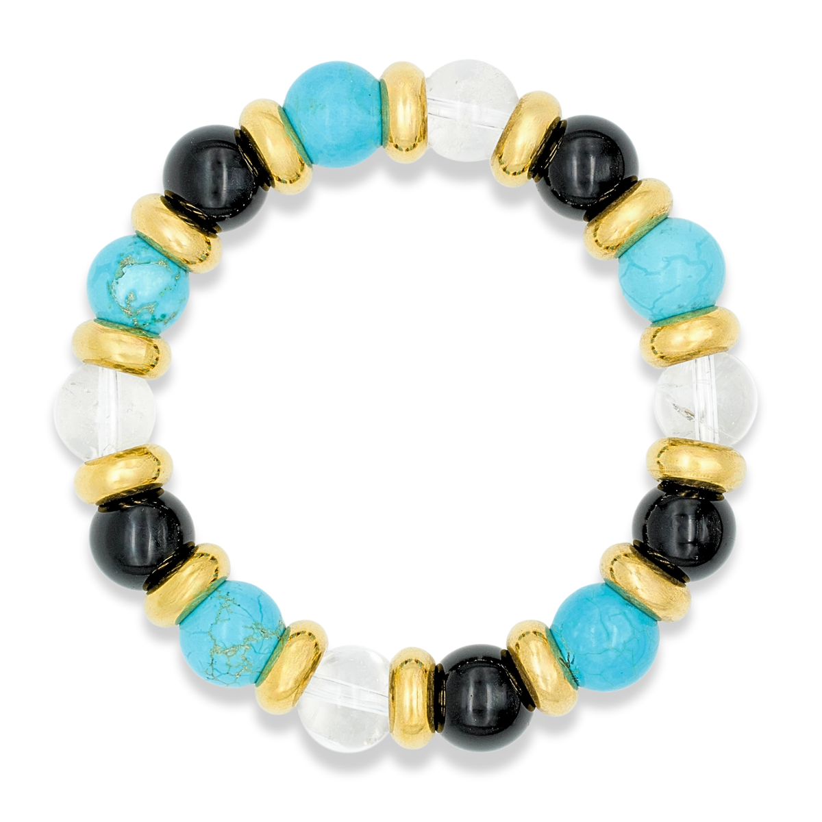 Women’s bracelet with turquoise, clear quartz, and onyx for creative balance