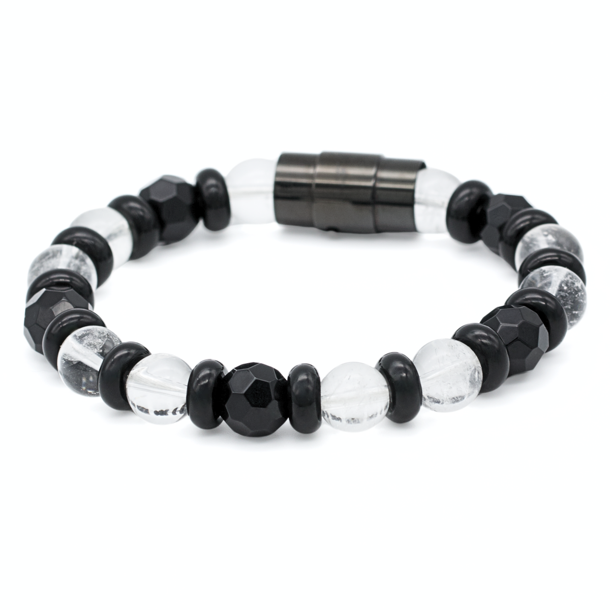 Men's Onyx and Clear Quartz bracelet on white background