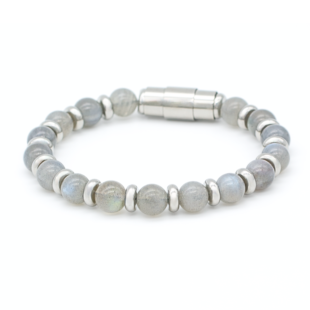 Men's labradorite bracelet with silver spacers and magnetic clasp on white background