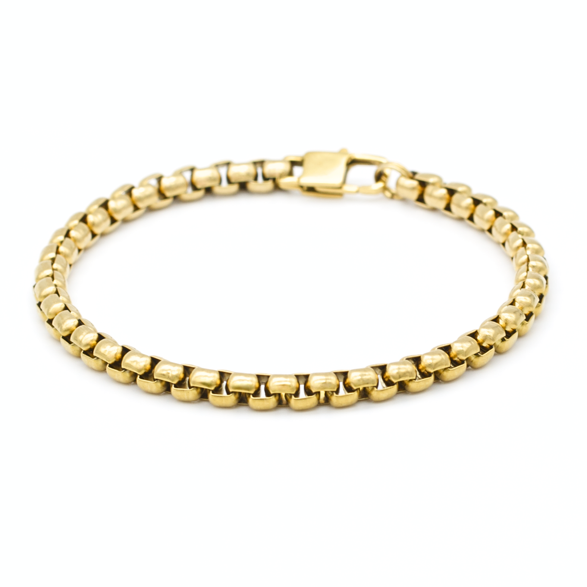 Men's gold box chain bracelet close-up on white background