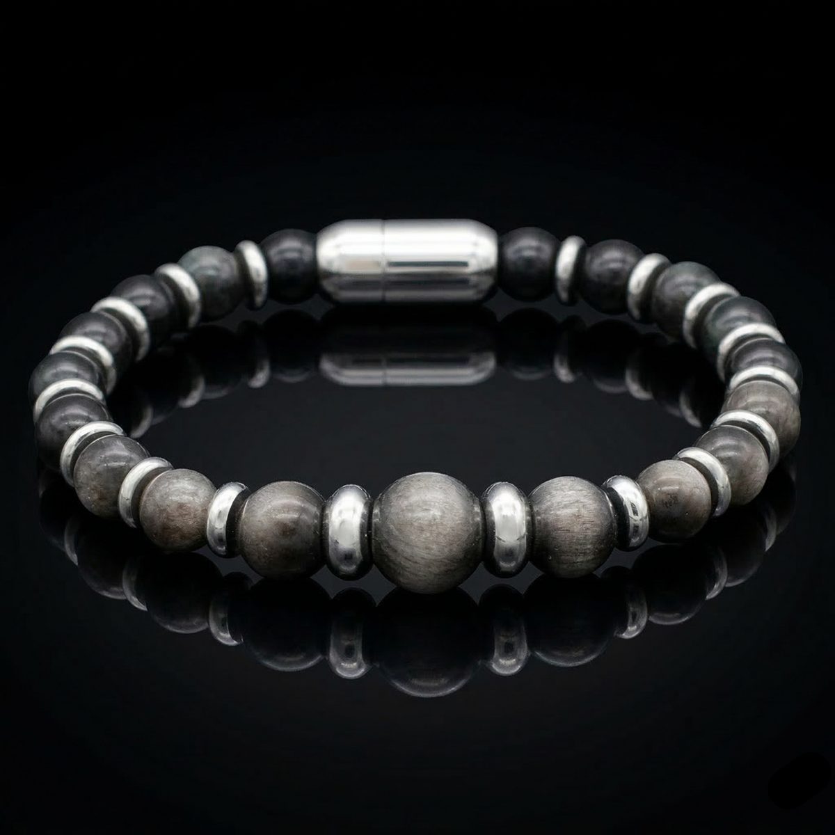 Silver and black obsidian bracelet with magnetic clasp – front view