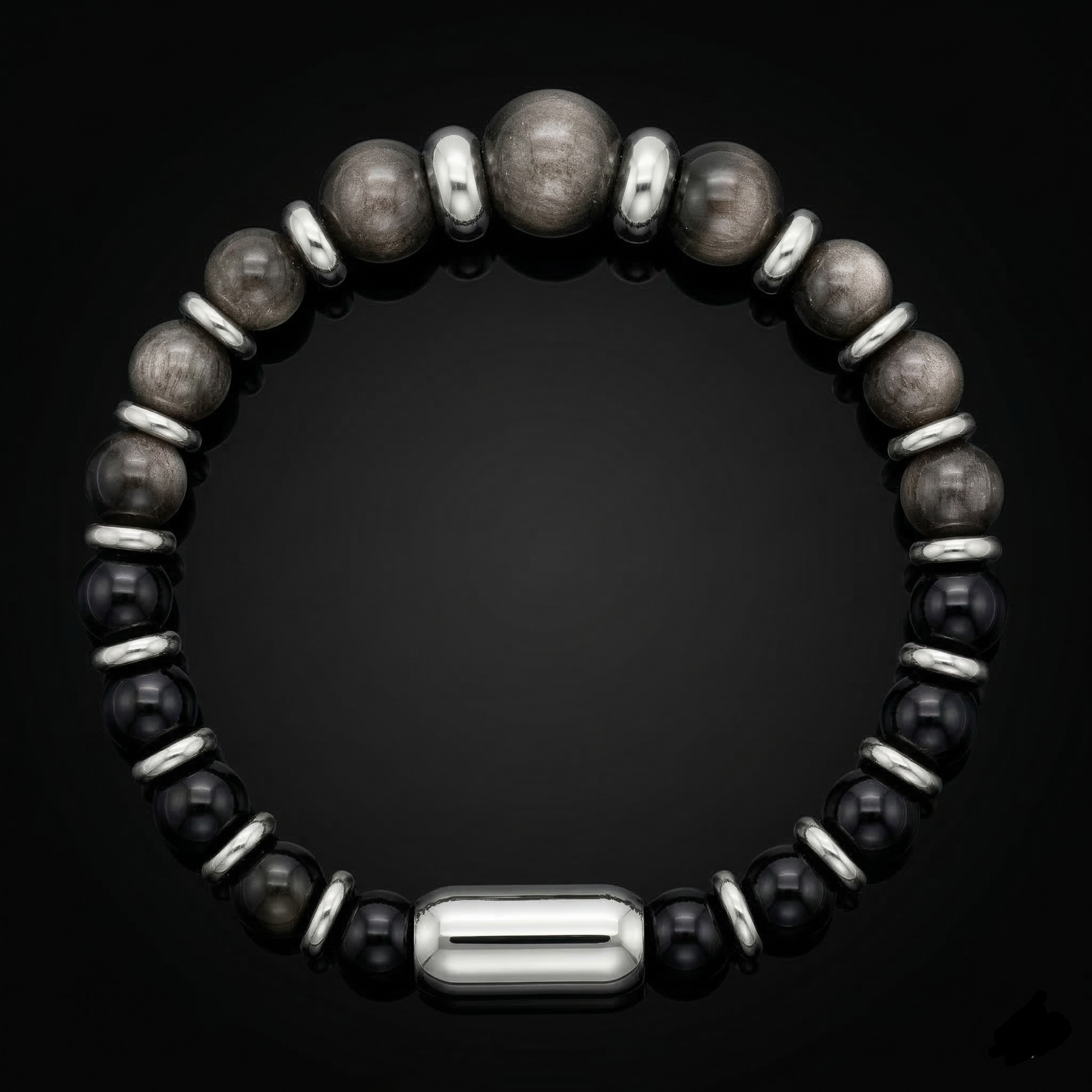 Men's obsidian bracelet with silver sheen beads – angled perspective