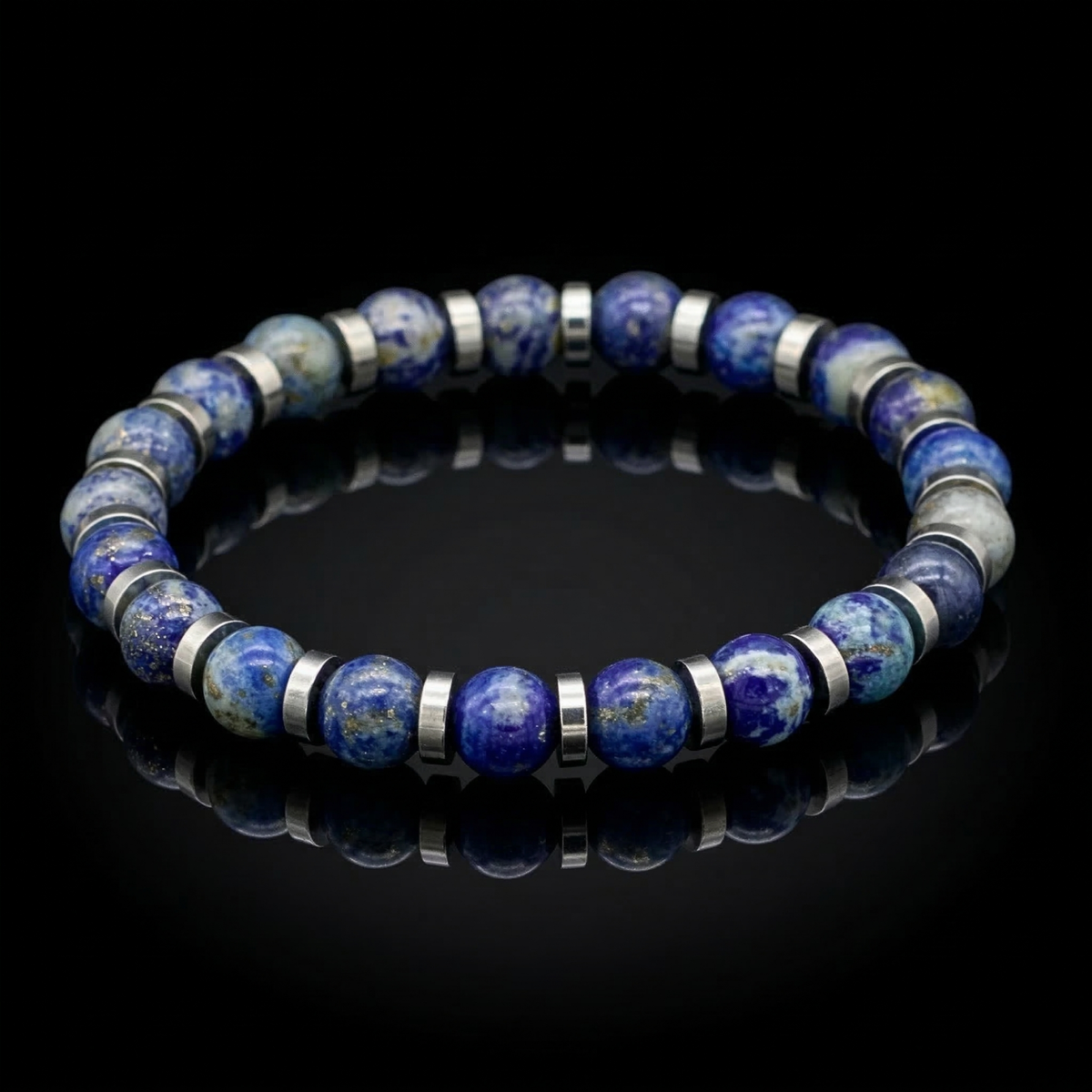Men’s Lapis Lazuli Wristband with Silver Accents – Confidence, Focus & Quantum Luck