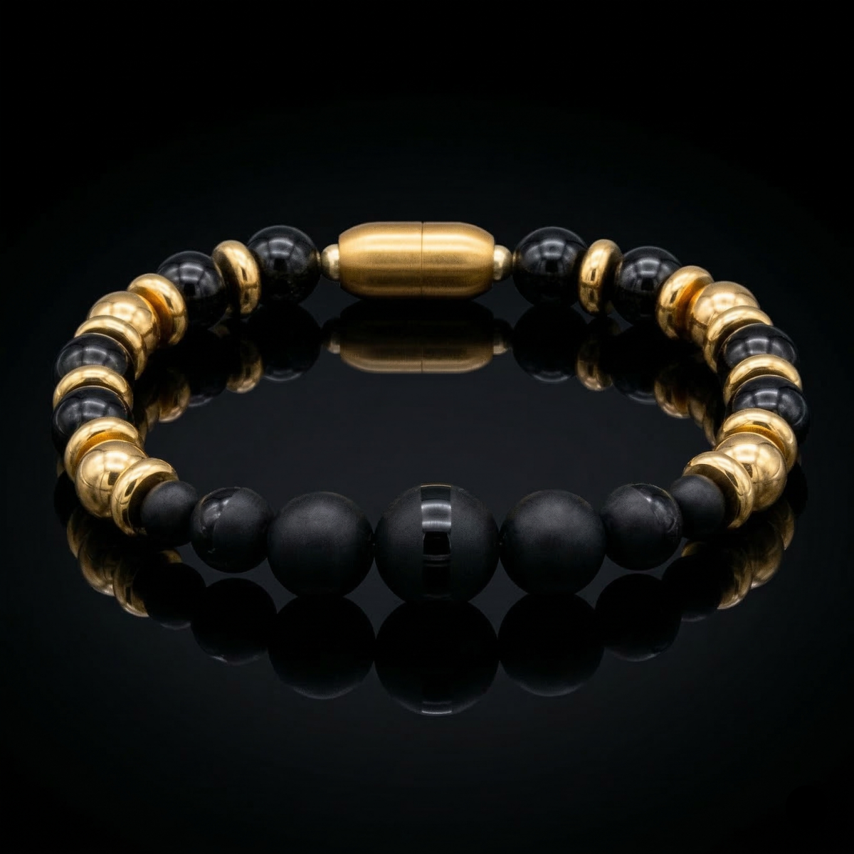 Men's Intuition and Protection Bracelet: Black Tourmaline, Onyx Matte with Gold