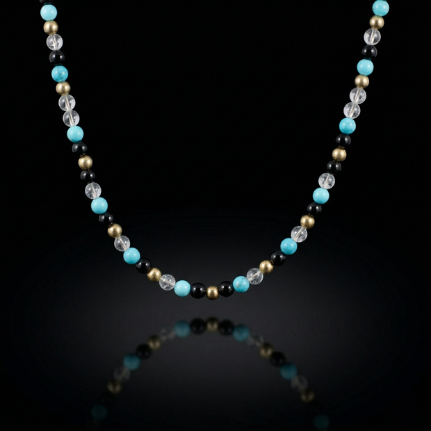 Men's Protection and Clarity Necklace with Turquoise, Clear Quartz, Onyx and Gold