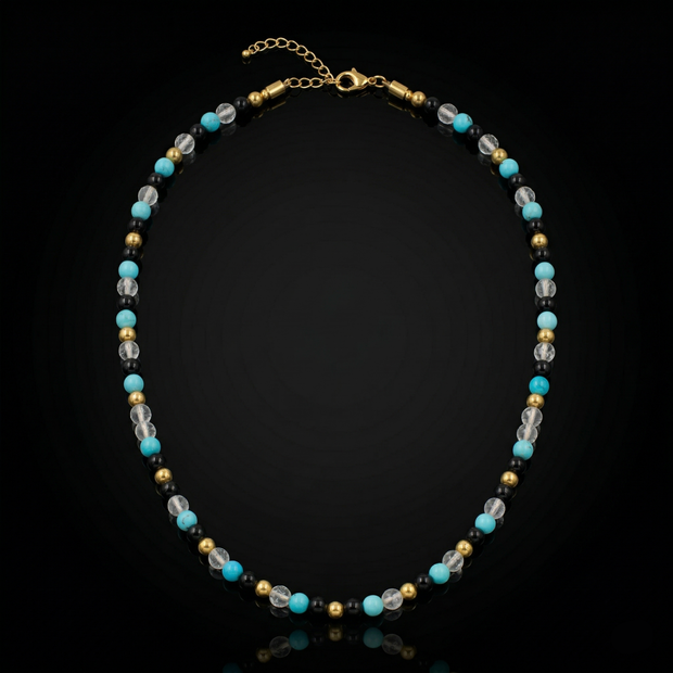 Men's Protection and Clarity Necklace with Turquoise, Clear Quartz, Onyx and Gold