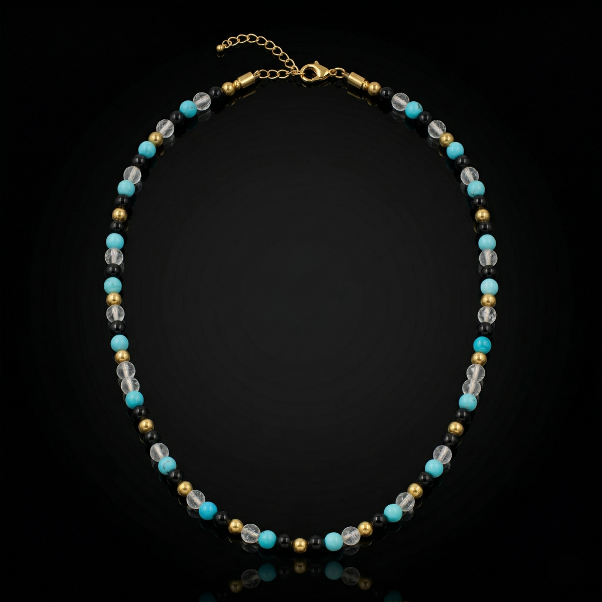 Men's Protection and Clarity Necklace with Turquoise, Clear Quartz, Onyx and Gold