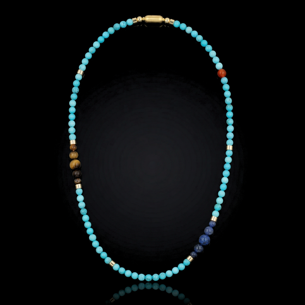 Men's Energy and Balance Necklace with Turquoise, Yellow Tiger Eye, Dumortierite and Gold