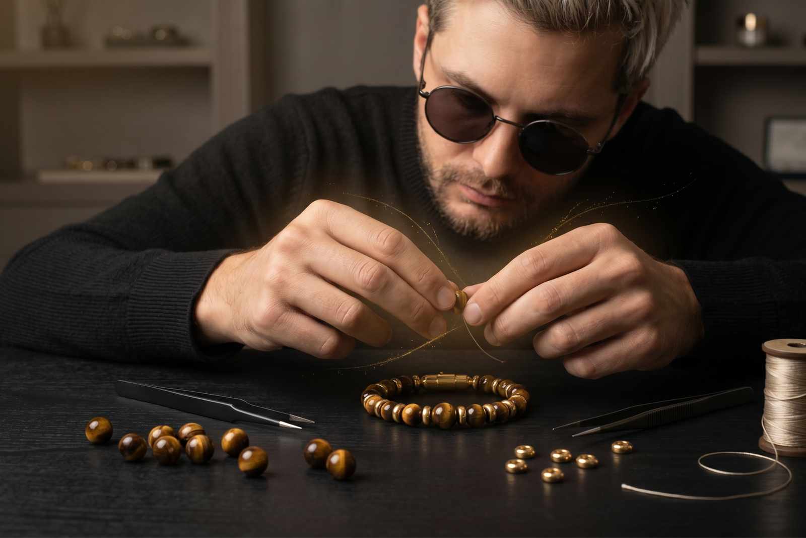 Jeweler hand-assembling alfabeads natural stone jewelry in a Hollywood studio