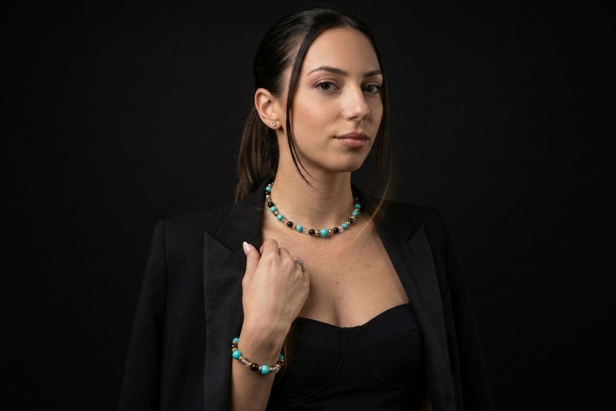 alfabeads natural stone jewelry styled in a dark luxury fashion editorial