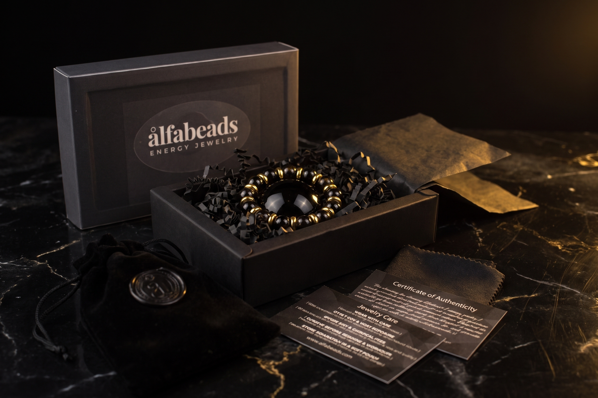 alfabeads energy jewelry presented in a premium black gift box