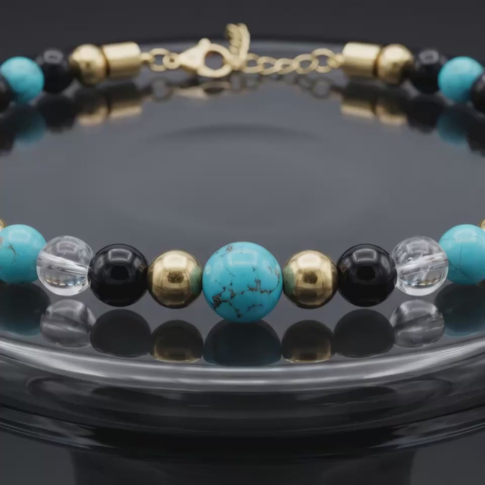 Women's Protection and Clarity Choker with Turquoise, Clear Quartz, Onyx and Gold