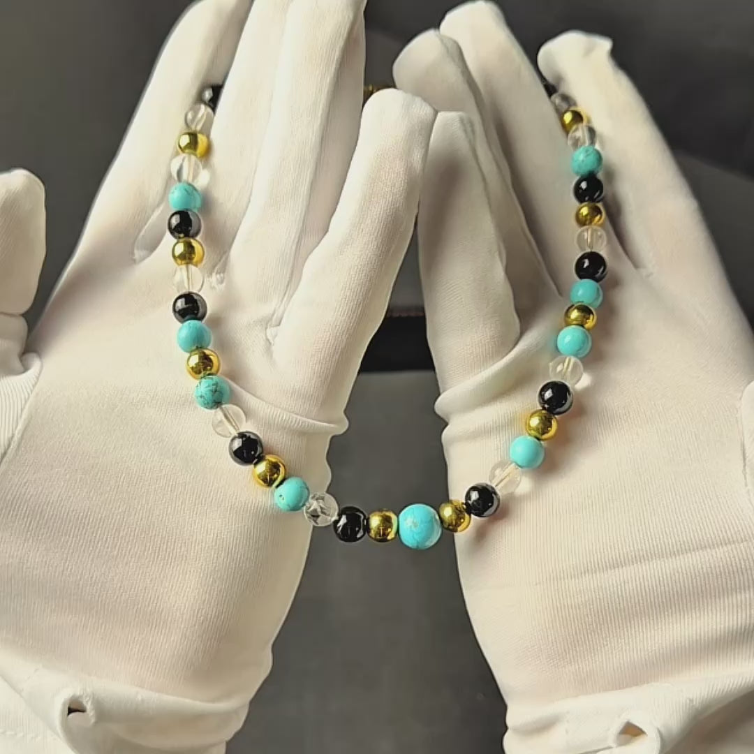 Women's Protection and Clarity Choker with Turquoise, Clear Quartz, Onyx and Gold