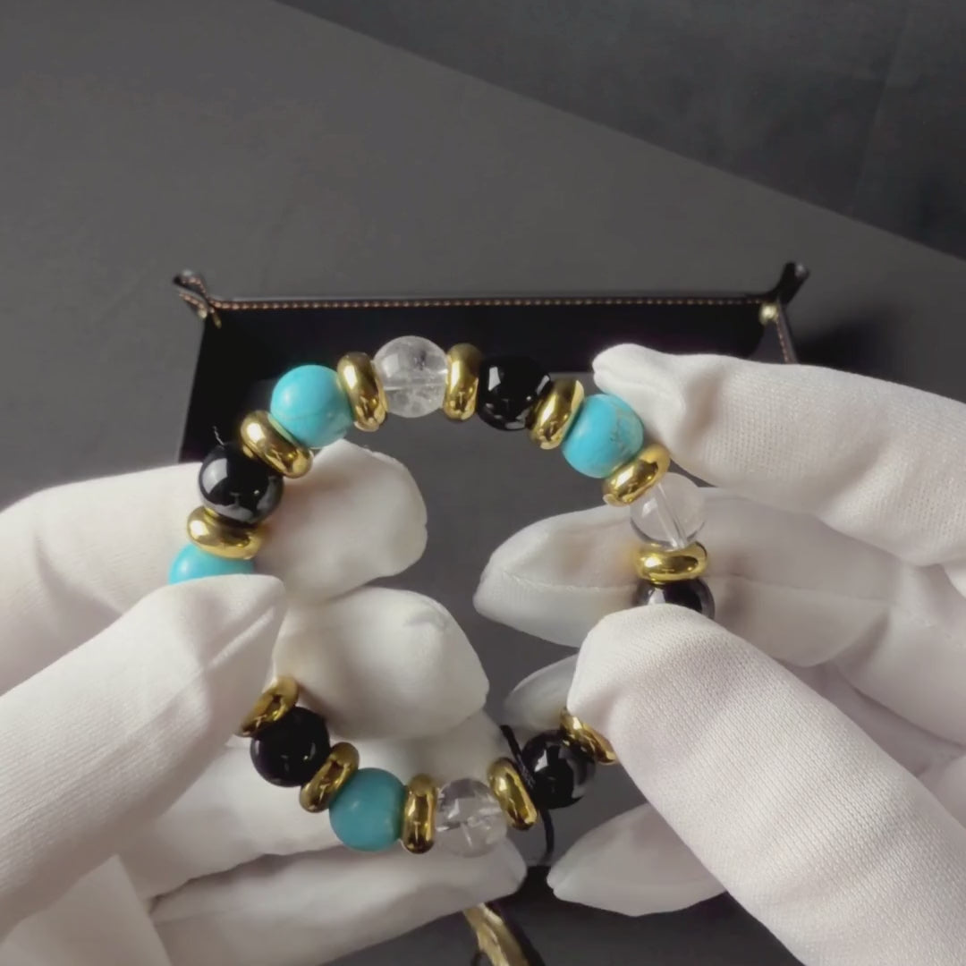Women's Balance and Brilliance Bracelet with Turquoise, Clear Quartz, Onyx & Gold